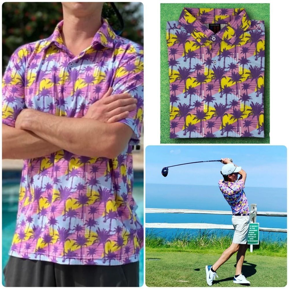 Tropical Bros Pink and Yellow Palm Tree‎ Casual Men's Golf Shirt -- XL